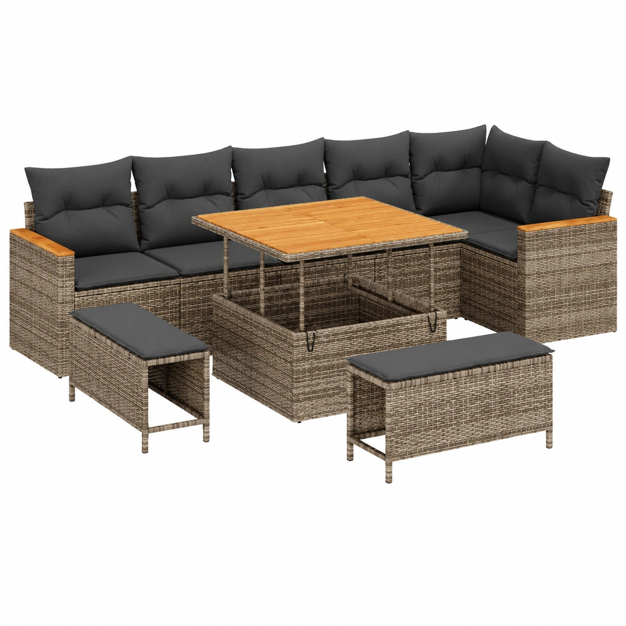 Salon de jardin, 9 pièces, modulable, avec rangement, en résine tressée, coloris gris, pour la terrasse ou le jardin