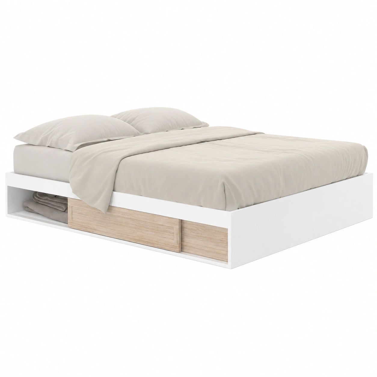 Lit, avec rangement, avec sommier, 140 x 190 cm, coloris blanc, pour la chambre