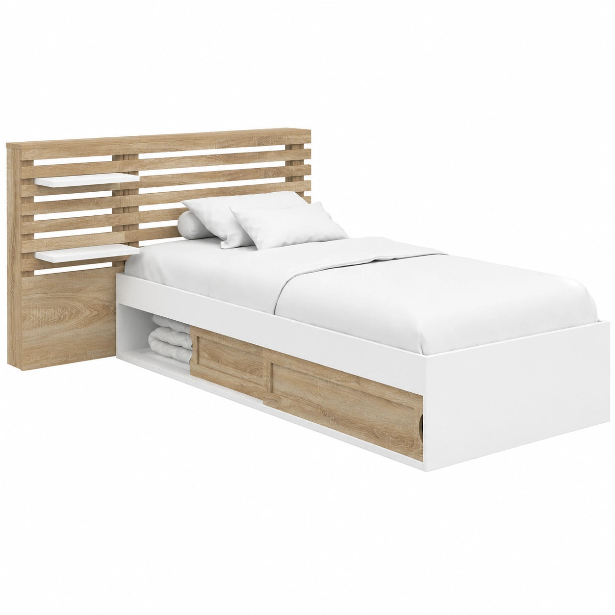 Lit, avec rangement, avec sommier, coloris blanc, 90 x 190 cm, pour la chambre