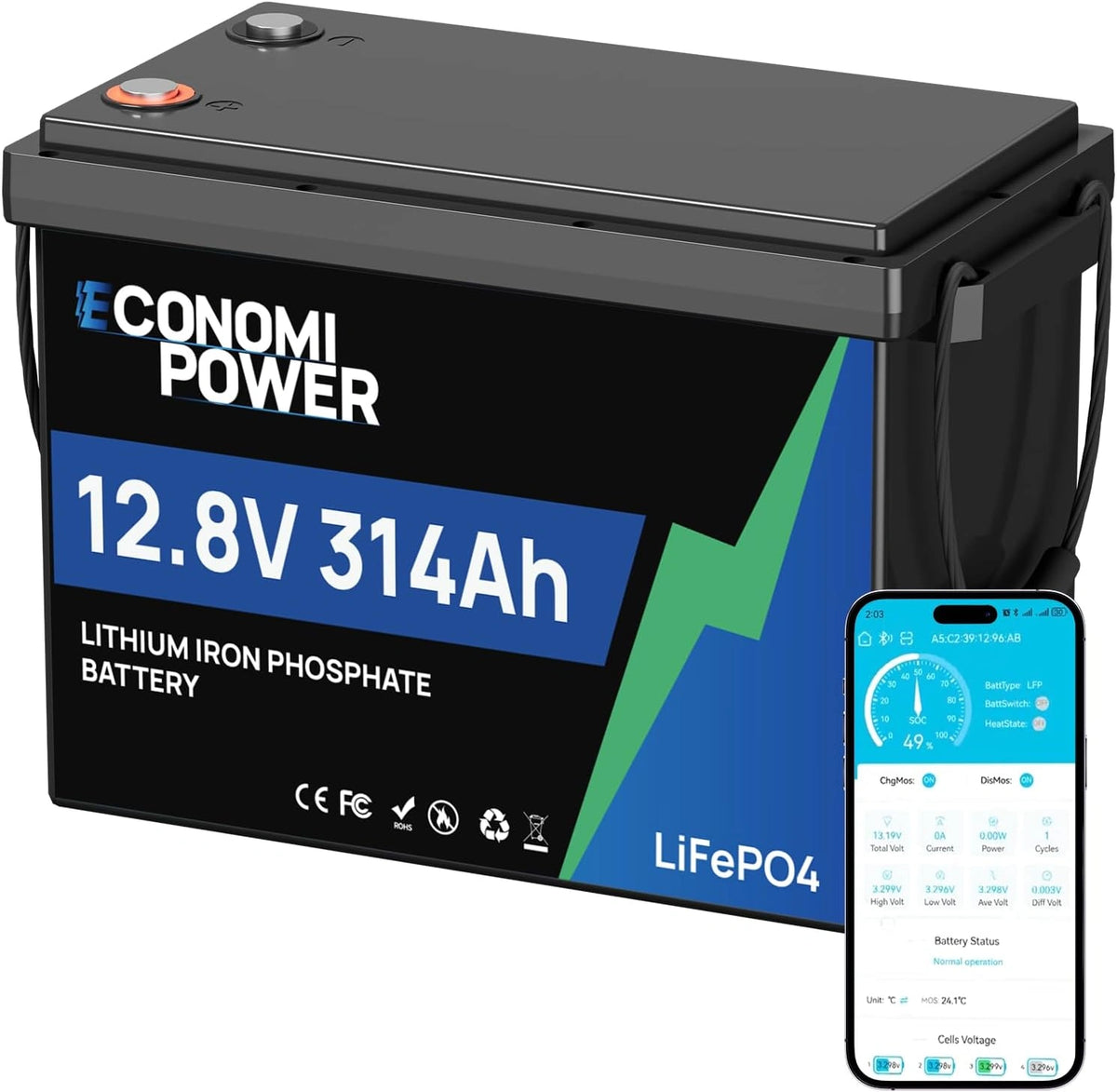 LiFePO4, Batterie, 12 V, connecté, format compact