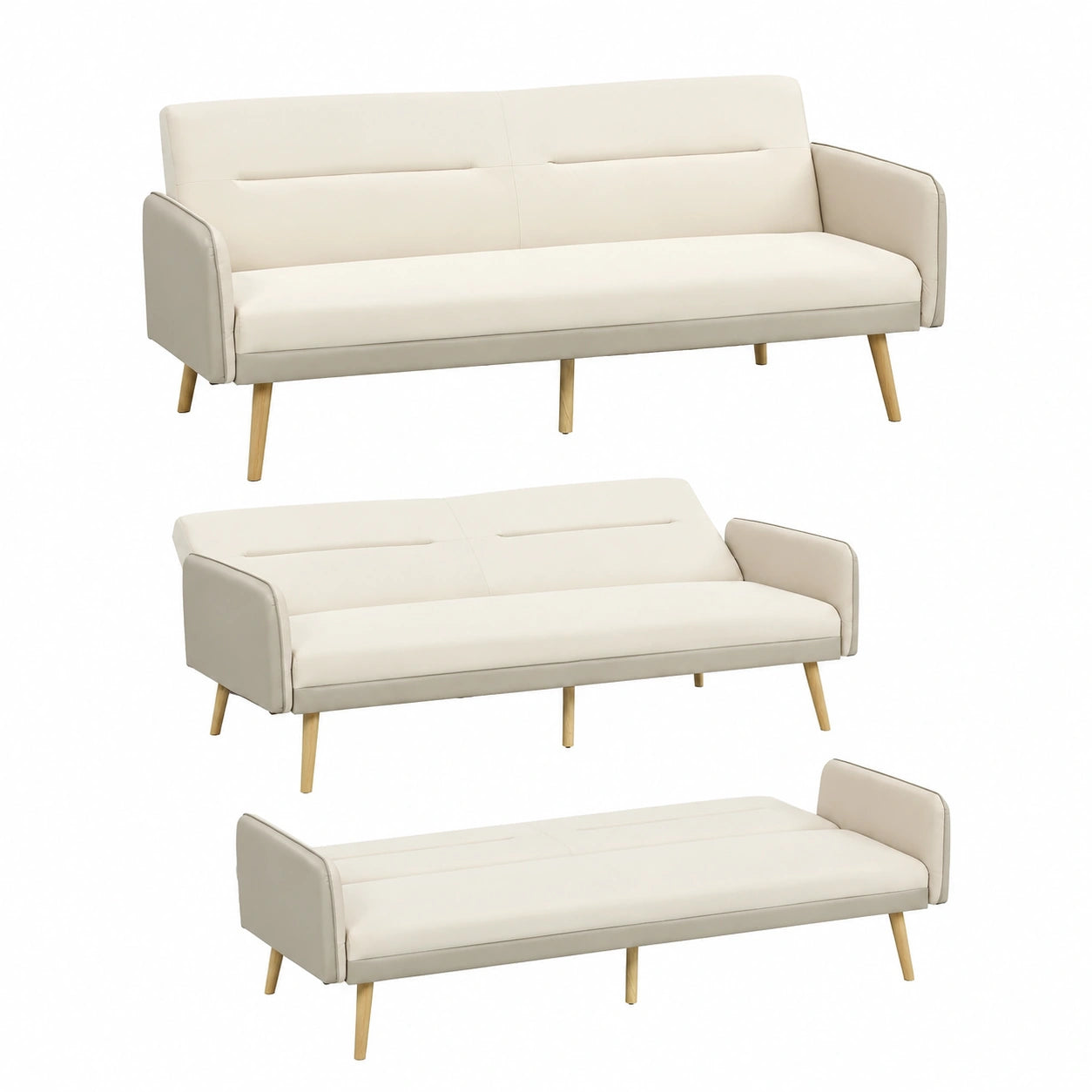 Canapé convertible, 3 places, réglable, rembourré, en métal et velours, coloris beige, pour le salon ou la chambre d’amis