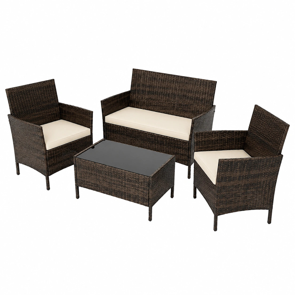Salon de jardin, en verre trempé et résine tressée, rembourré, coloris marron, 4 places, pour la terrasse ou le jardin