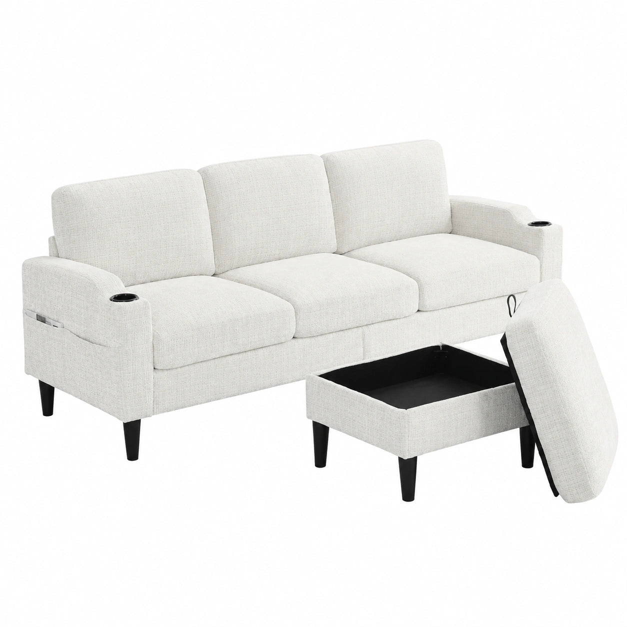Canapé d’angle, modulable, avec rangement, en tissu, 4 places, coloris beige, pour le salon