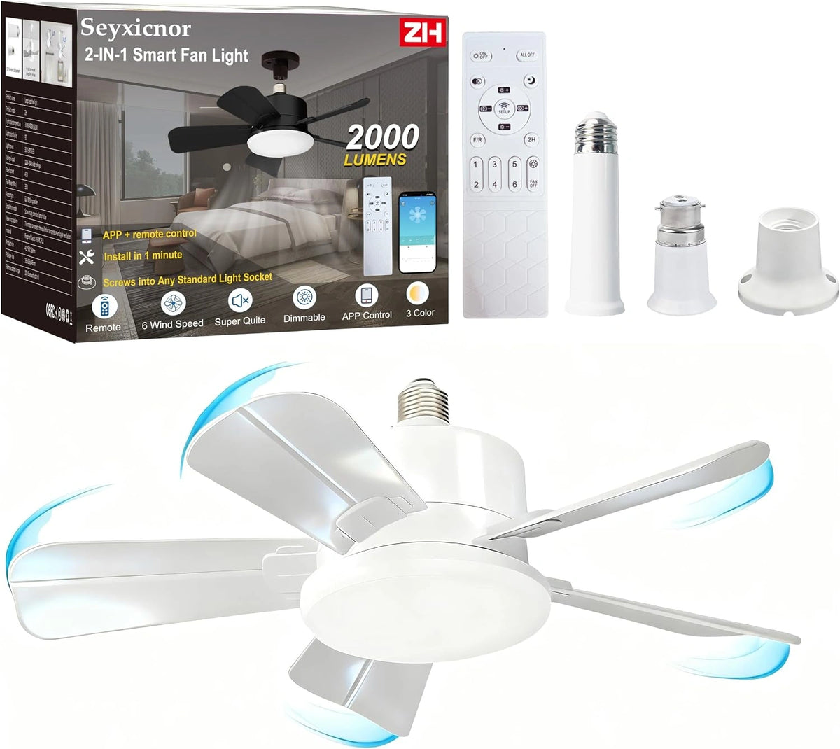 E27, Ventilateur, avec télécommande, Blanc
