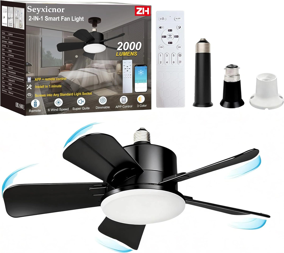 E27, Ventilateur, avec télécommande, Noir